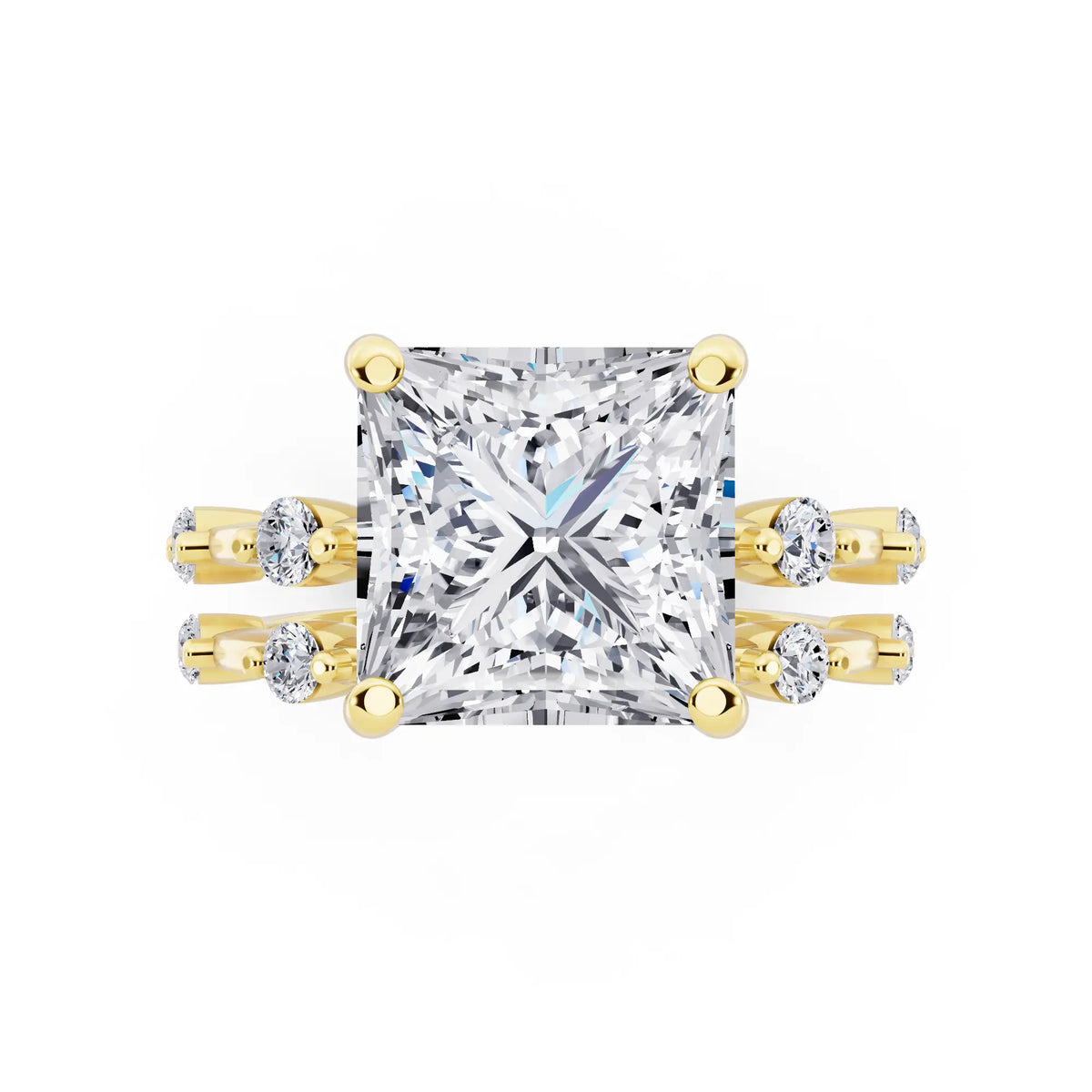 14 KT Yellow Gold Princess Cut Diamond Ring with Floating Accent Band - top angle