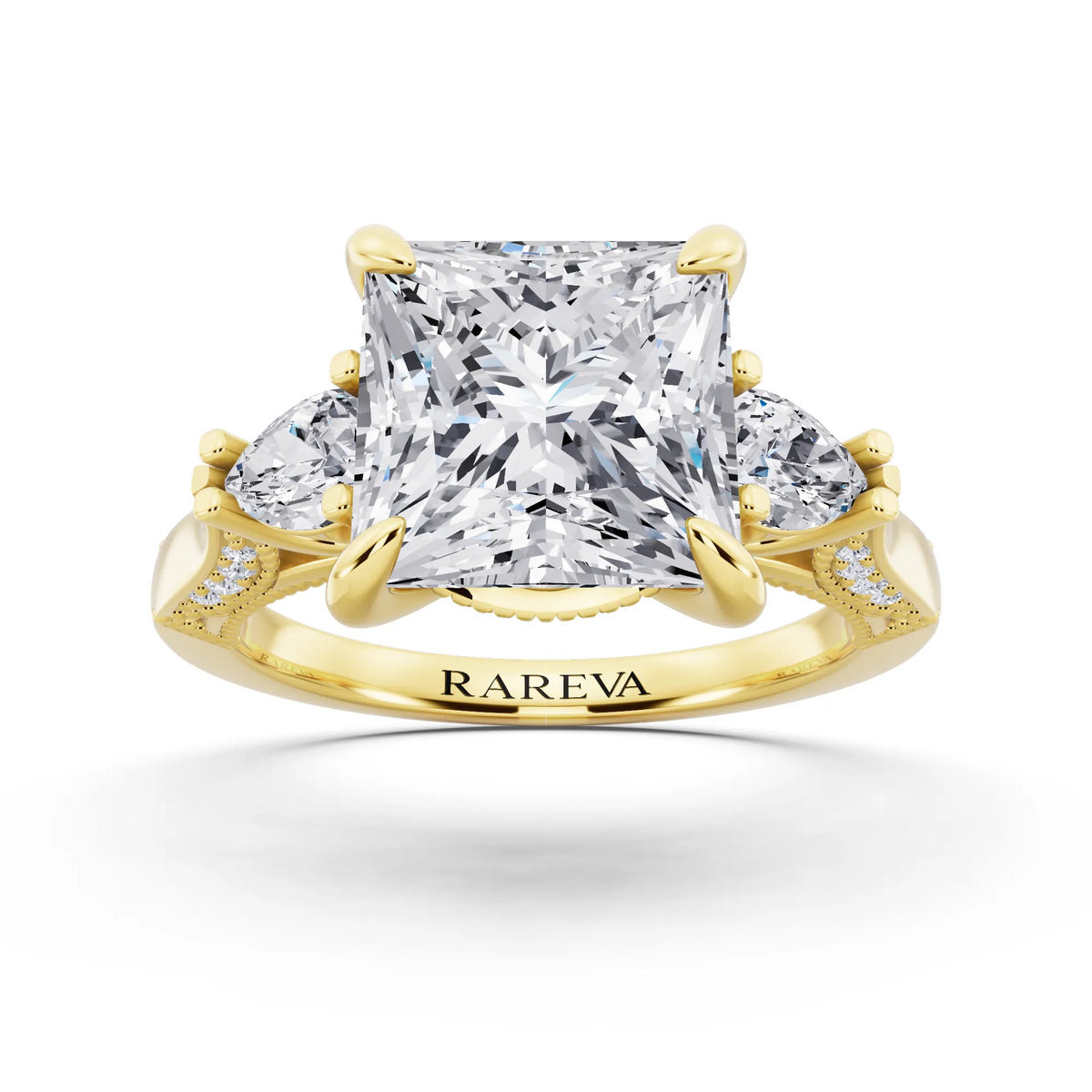 18 KT Yellow Gold Princess Cut Diamond Three Stone Pear Accent Vintage Pave Ring - front view