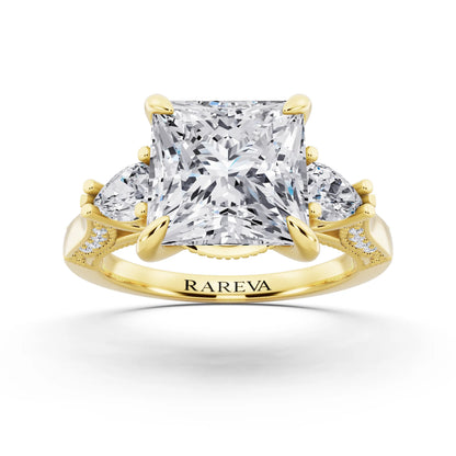 18 KT Yellow Gold Princess Cut Diamond Three Stone Pear Accent Vintage Pave Ring - front view