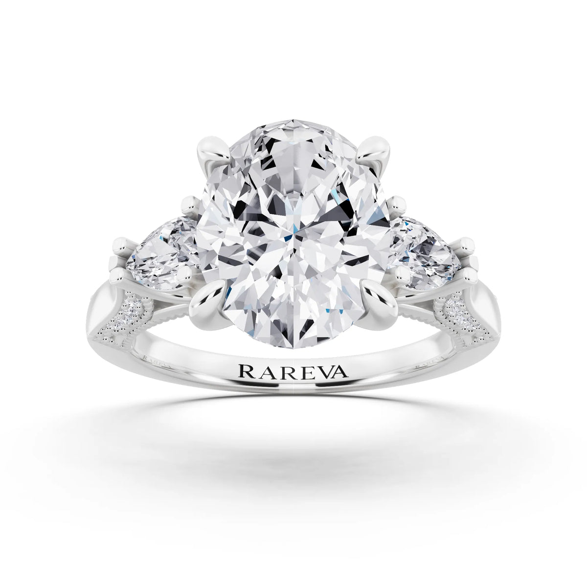 18 KT White Gold Oval Cut Diamond Three Stone Pear Accent Vintage Pave Ring - front view