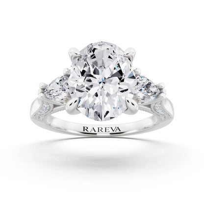 18 KT White Gold Oval Cut Diamond Three Stone Pear Accent Vintage Pave Ring - front view