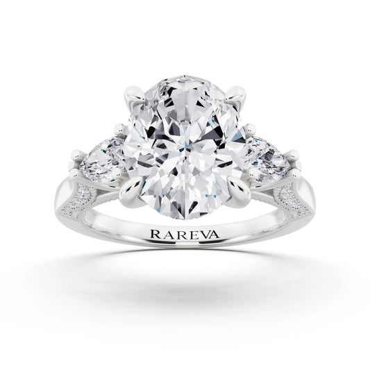 18 KT White Gold Oval Cut Diamond Three Stone Pear Accent Vintage Pave Ring - front view