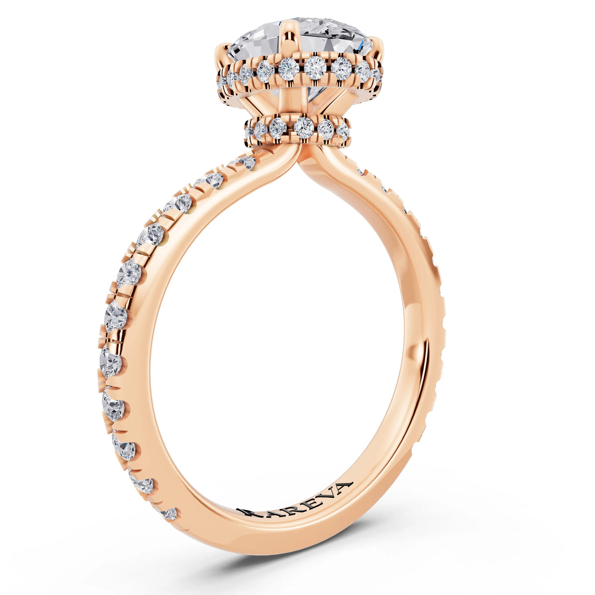 18 KT Rose Gold Oval Cut Diamond Hidden Halo Ring with Pave Band - top view