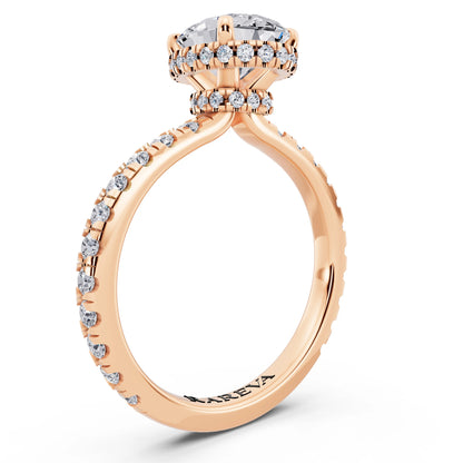 18 KT Rose Gold Oval Cut Diamond Hidden Halo Ring with Pave Band - top view