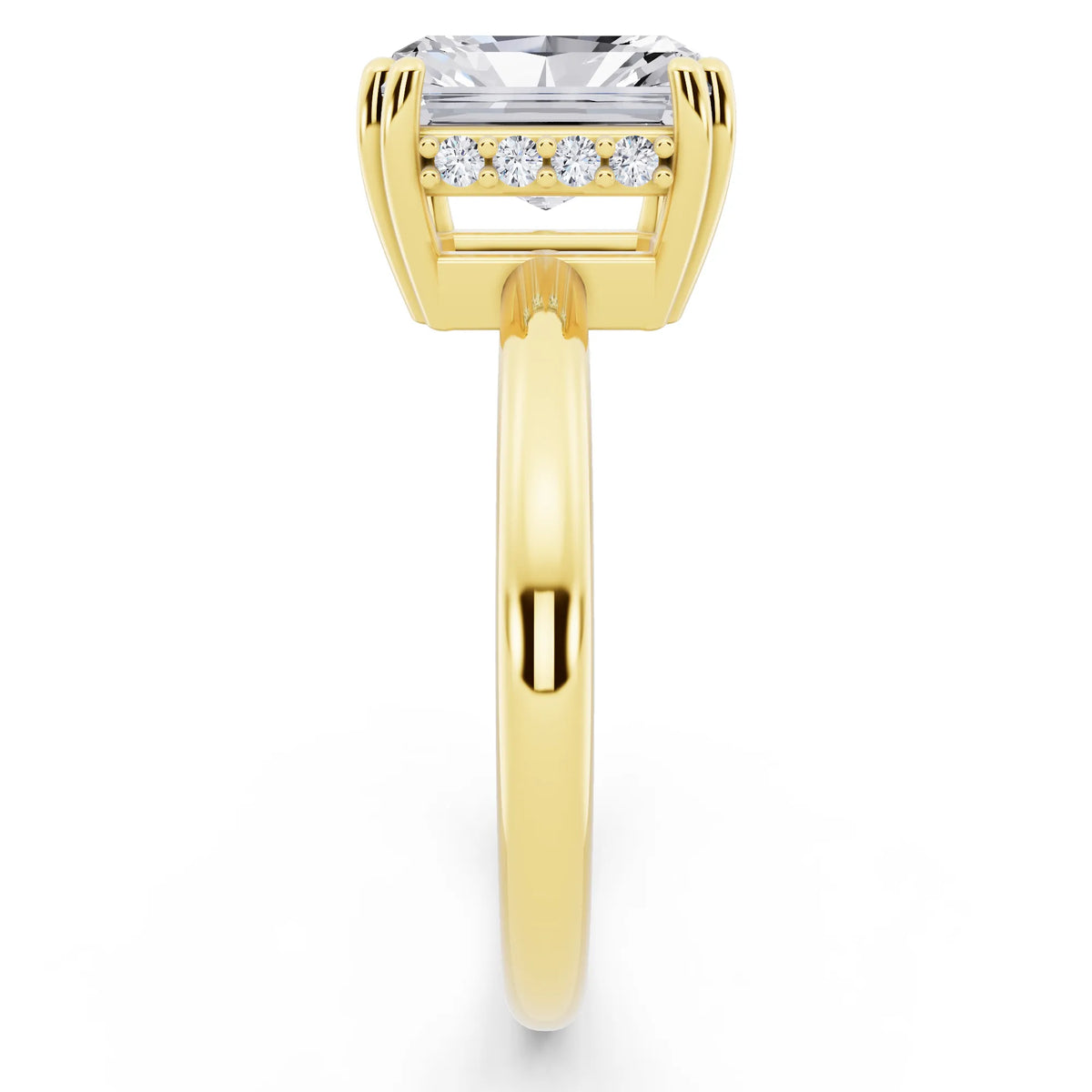 14 KT Yellow Gold Radiant Cut Diamond Solitaire Ring with Hidden Accent Basket - side view