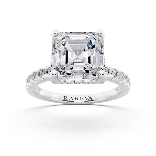 18 KT White Gold Asscher Cut Diamond Hidden Halo Ring with Pave Shank - front view