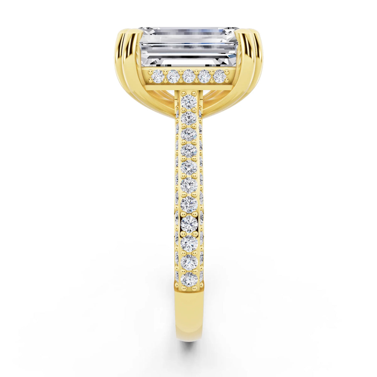 14 KT Yellow Gold Emerald Cut Diamond Hidden Halo Double Claw Pave Band Ring - side view