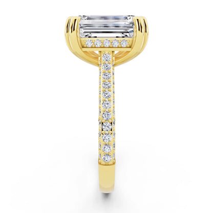 14 KT Yellow Gold Emerald Cut Diamond Hidden Halo Double Claw Pave Band Ring - side view