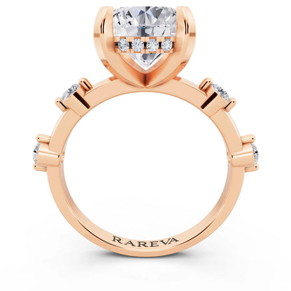 18 KT Rose Gold Round Cut Diamond Solitaire Ring with Floating Diamond Accents - through finger