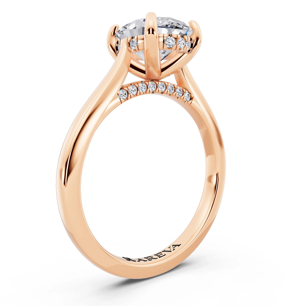 14 KT Rose Gold Oval Cut Diamond Solitaire Ring with Cathedral Band - top view