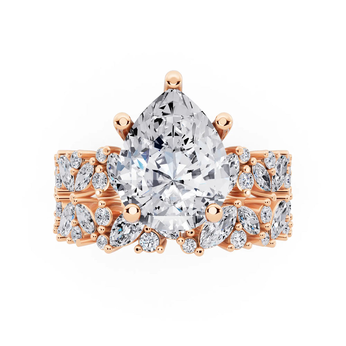 18 KT Rose Gold Pear Cut Diamond Ring with Marquise Cluster Band - top angle