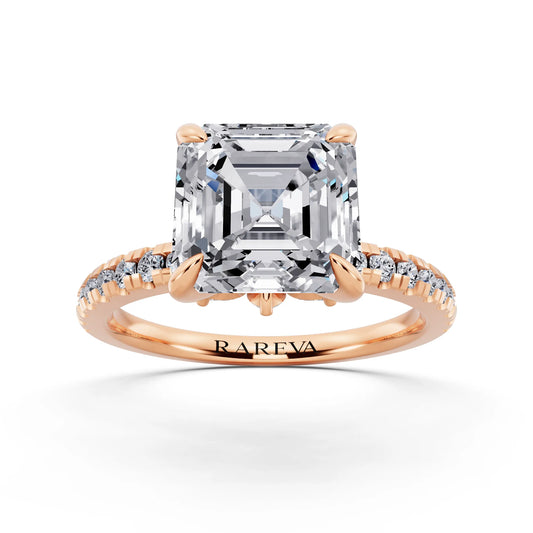18 KT Rose Gold Asscher Cut Diamond Solitaire Ring with Marquise Collar - front view