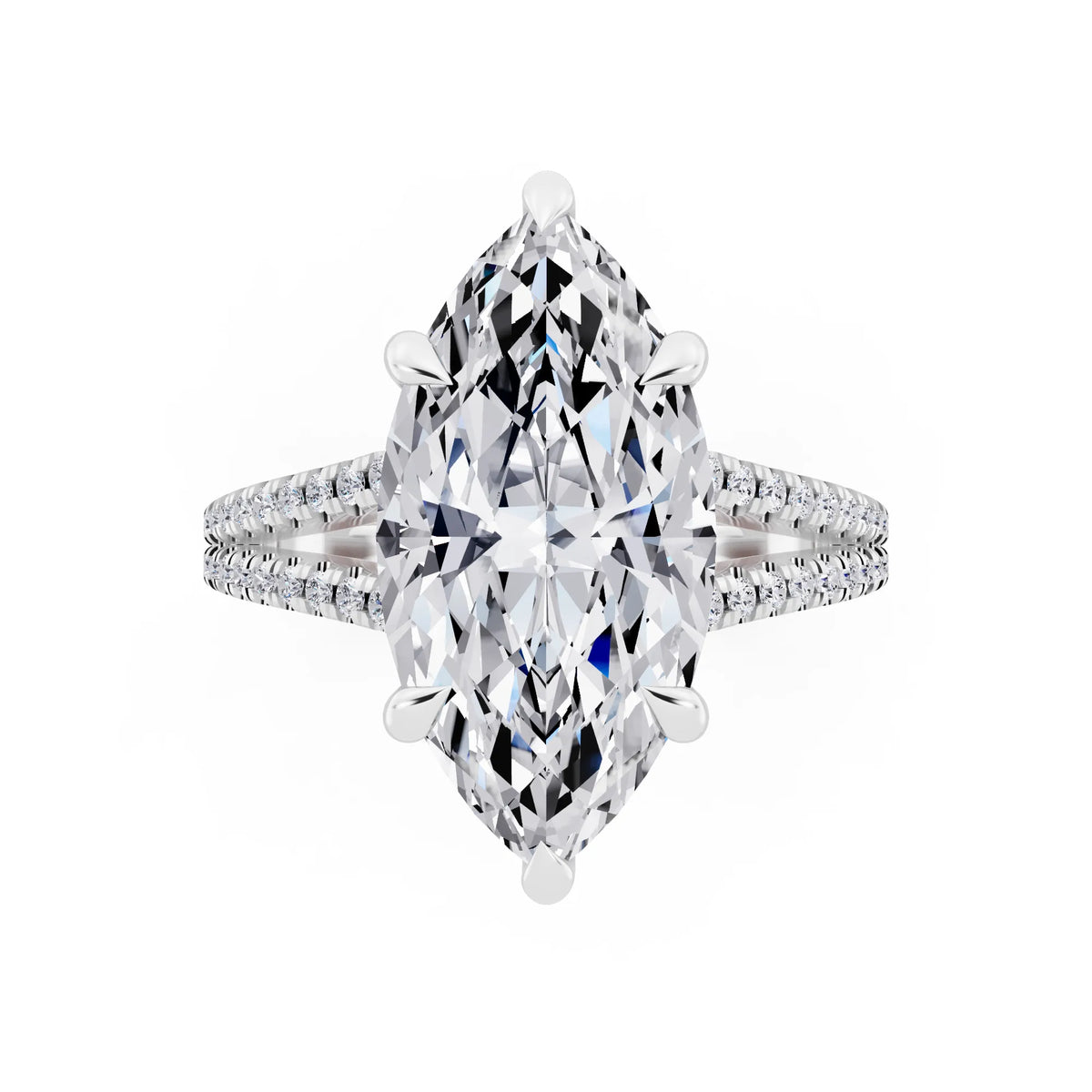 Platinum Marquise Cut Diamond Ring with Pavé Split Shank - top angle