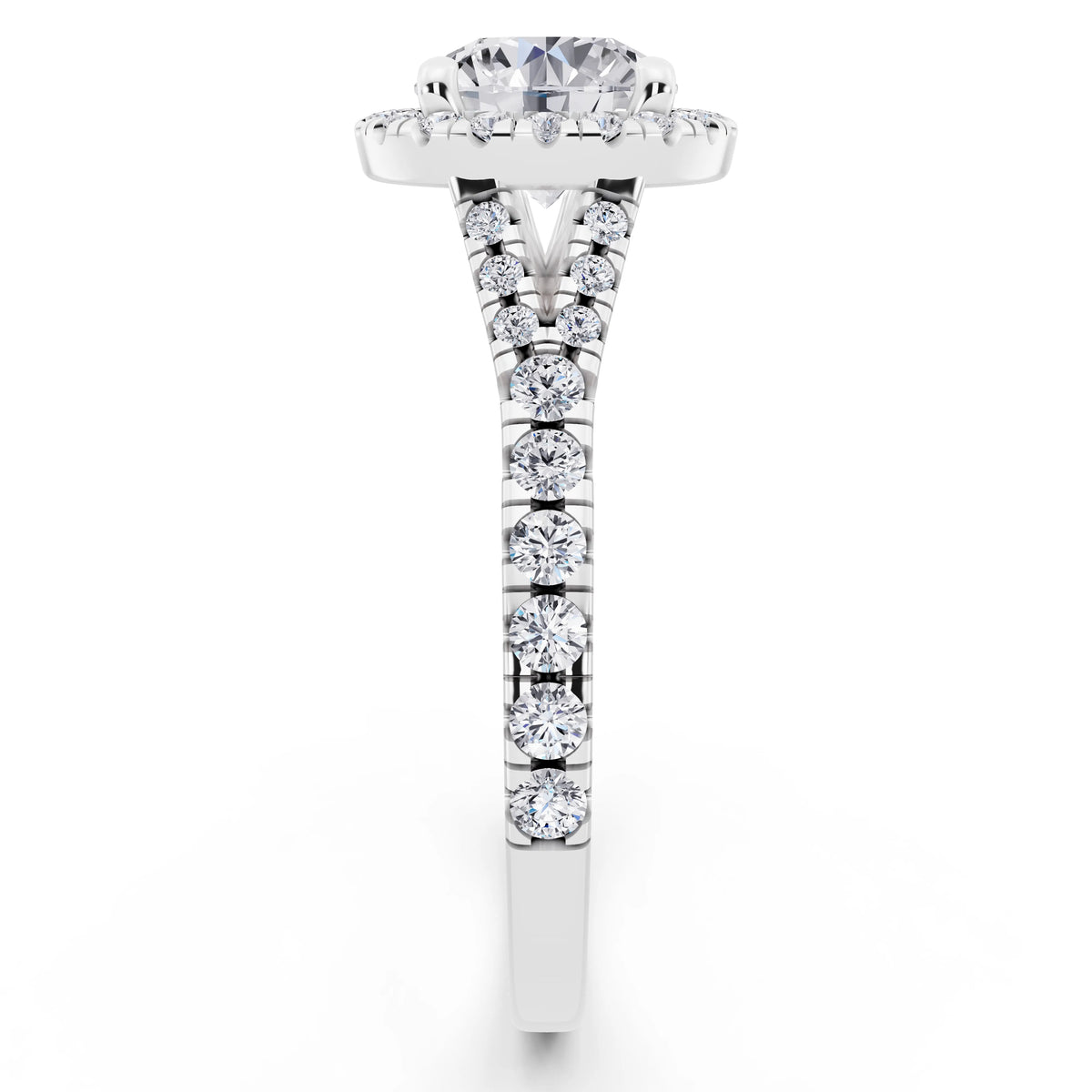 18 KT White Gold Round Cut Diamond Halo Ring with Split Shank - side view