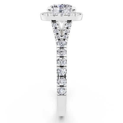 18 KT White Gold Round Cut Diamond Halo Ring with Split Shank - side view