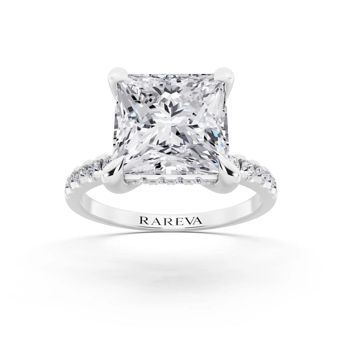 14 KT White Gold Princess Cut Diamond Solitaire Ring with Round Pavé Band and Prong Setting - front view