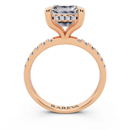 14 KT Rose Gold Asscher Cut Diamond Solitaire Ring with Round Pavé Band and Prong Setting - through finger