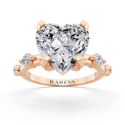 14 KT Rose Gold Heart Cut Diamond Solitaire Ring with Floating Diamond Accents - front view