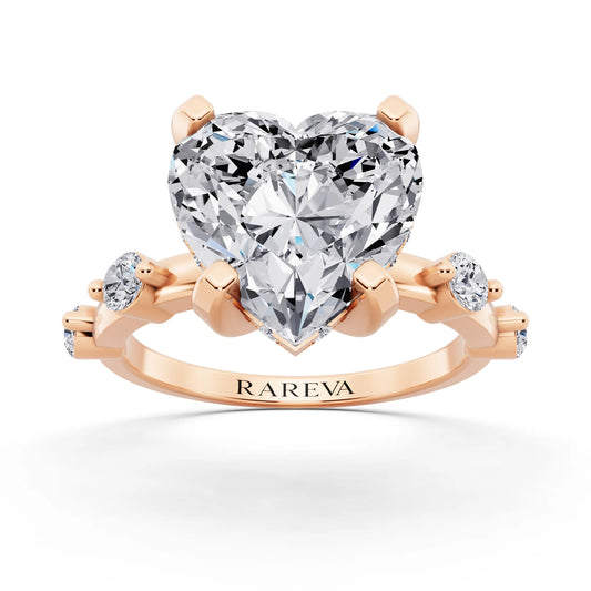 14 KT Rose Gold Heart Cut Diamond Solitaire Ring with Floating Diamond Accents - front view