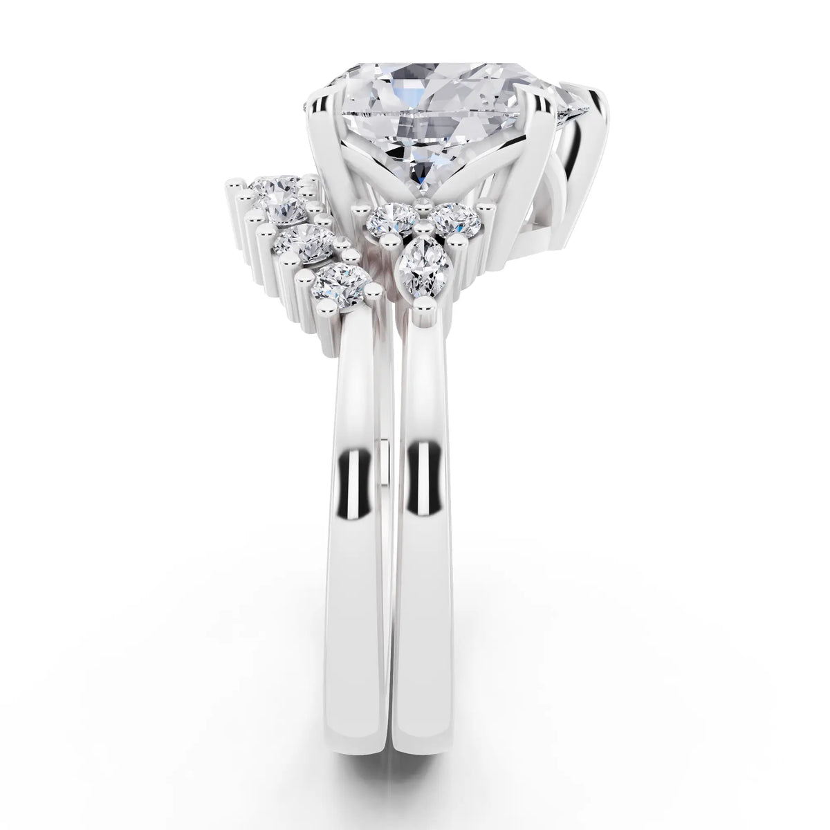18 KT White Gold Pear Cut Diamond Ring with Curved Cluster Band - side view