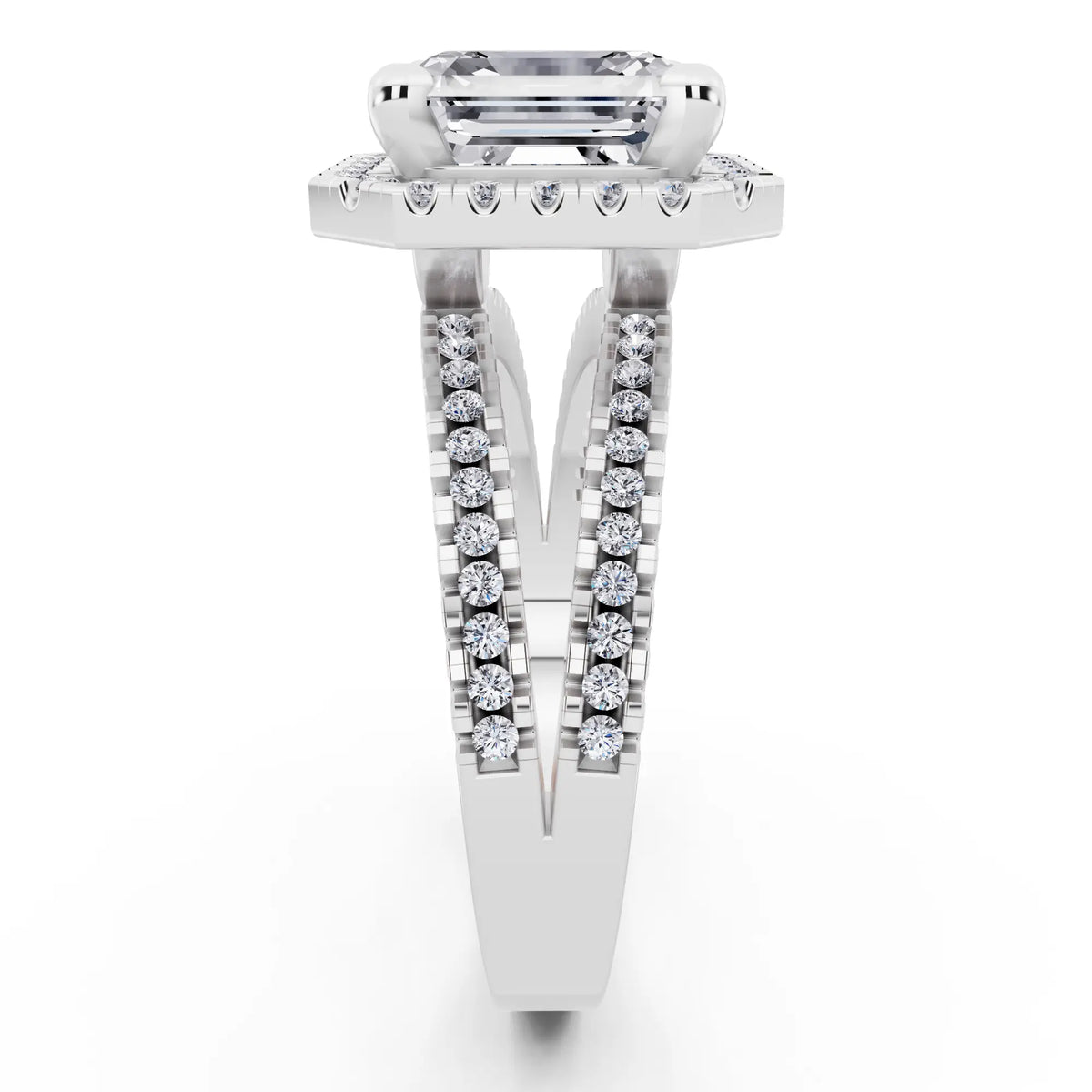 18 KT White Gold Asscher Cut Diamond Halo Ring with Pave Split Shank - side view