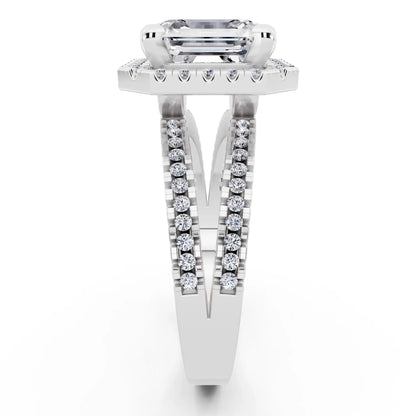 18 KT White Gold Asscher Cut Diamond Halo Ring with Pave Split Shank - side view