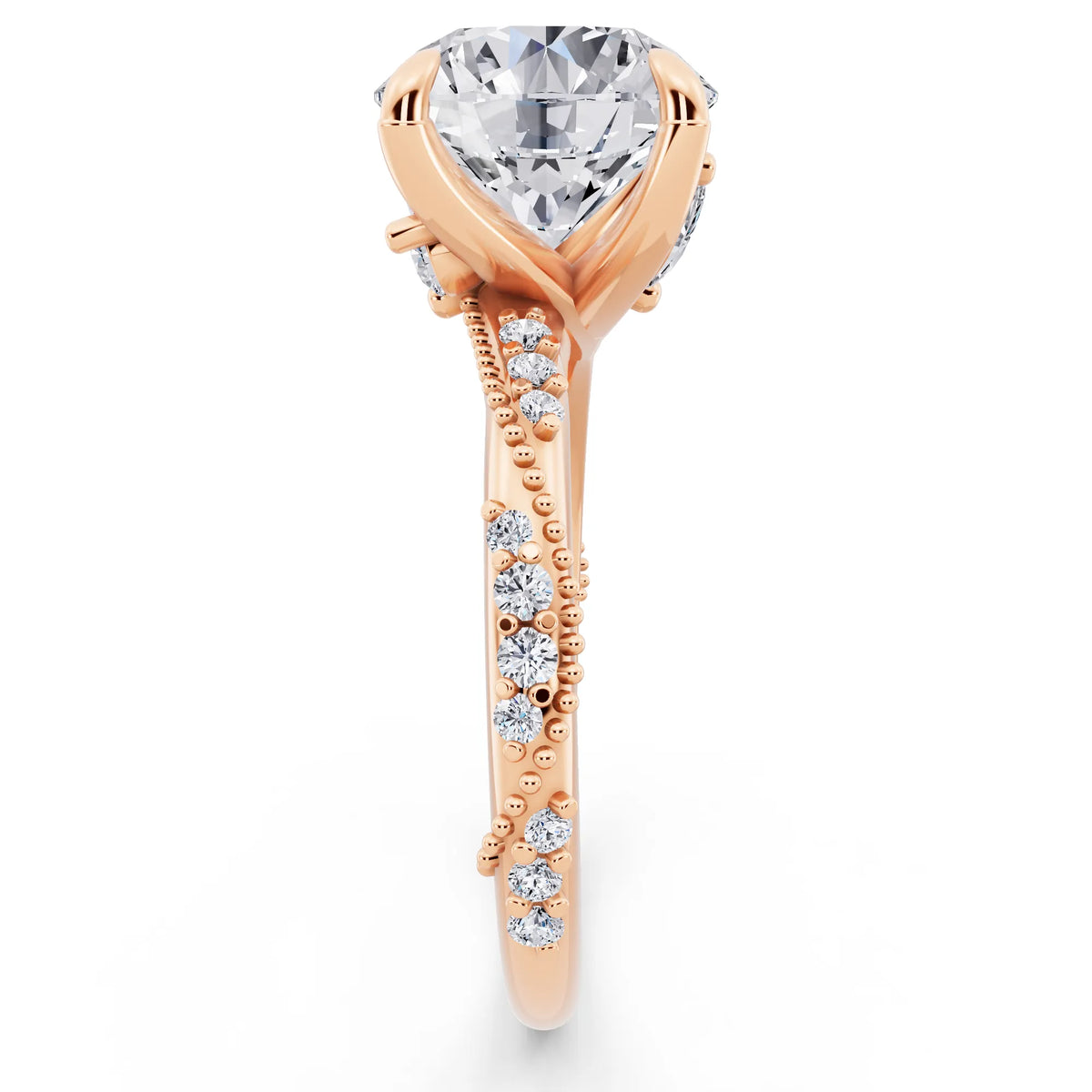 18 KT Rose Gold Round Cut Diamond Ring with Marquise Accent - side view