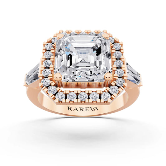 14 KT Rose Gold Asscher Cut Diamond Halo Ring with Baguette Accents - front view