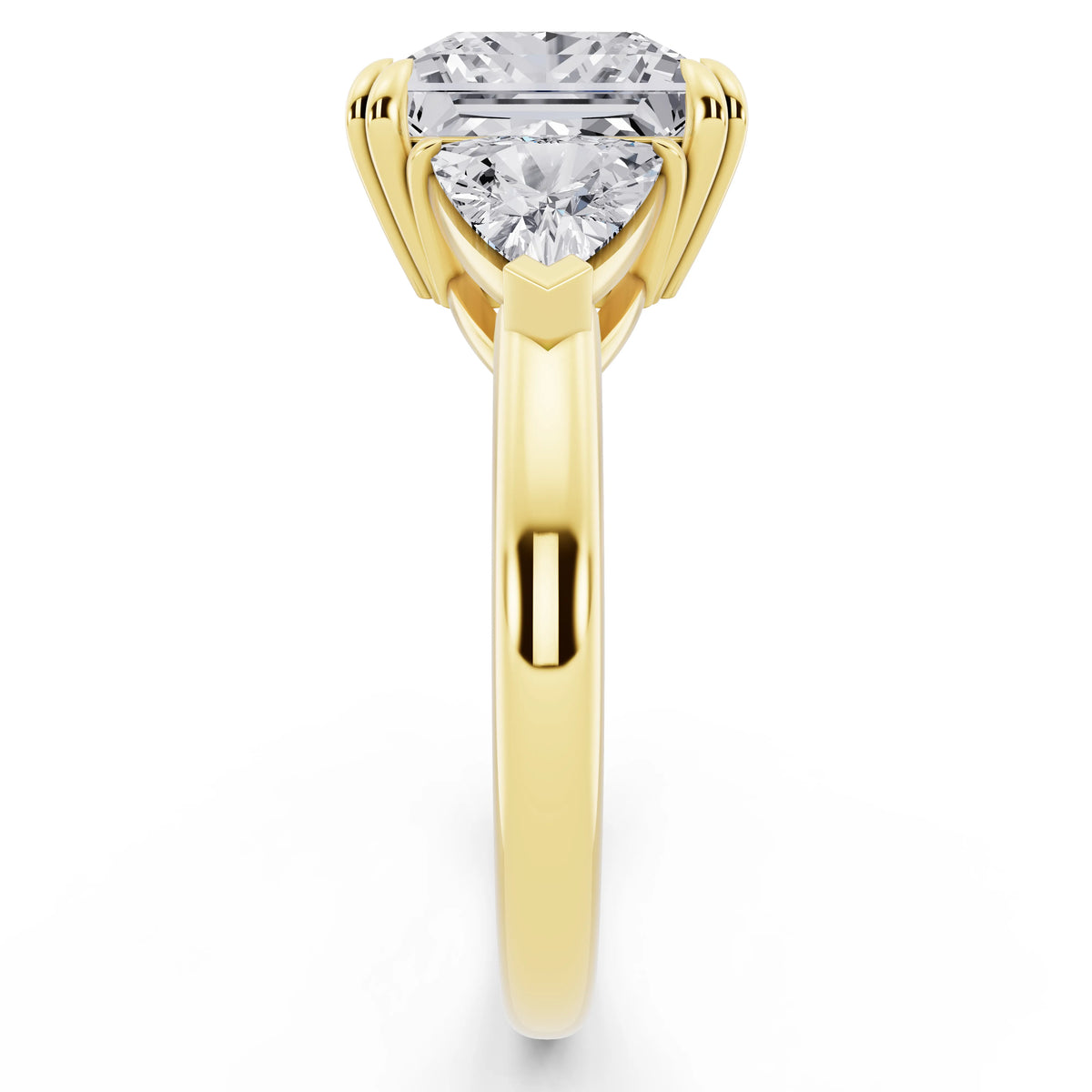14 KT Yellow Gold Princess Cut Diamond Three Stone Ring with Trillion Accents - side view