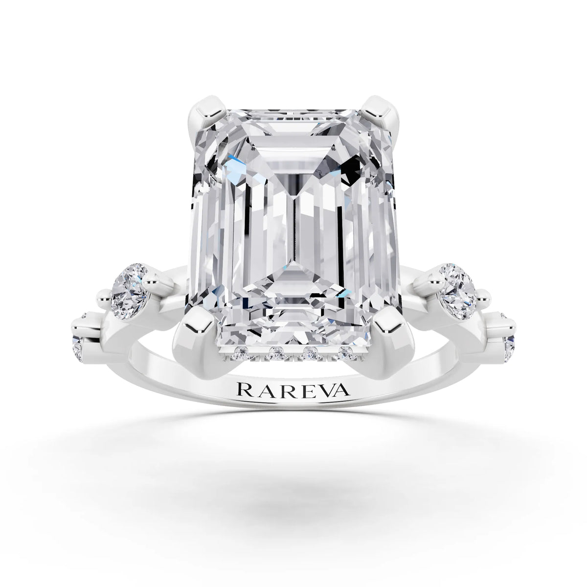 14 KT White Gold Emerald Cut Diamond Solitaire Ring with Floating Diamond Accents - front view