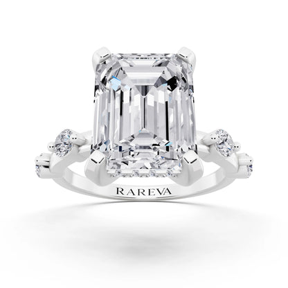 14 KT White Gold Emerald Cut Diamond Solitaire Ring with Floating Diamond Accents - front view