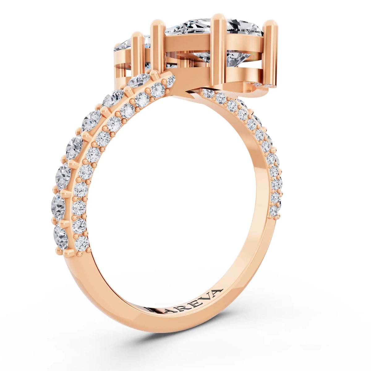14 KT Rose Gold Pear Cut Diamond Two Stone Ring with Pave Band - Top view