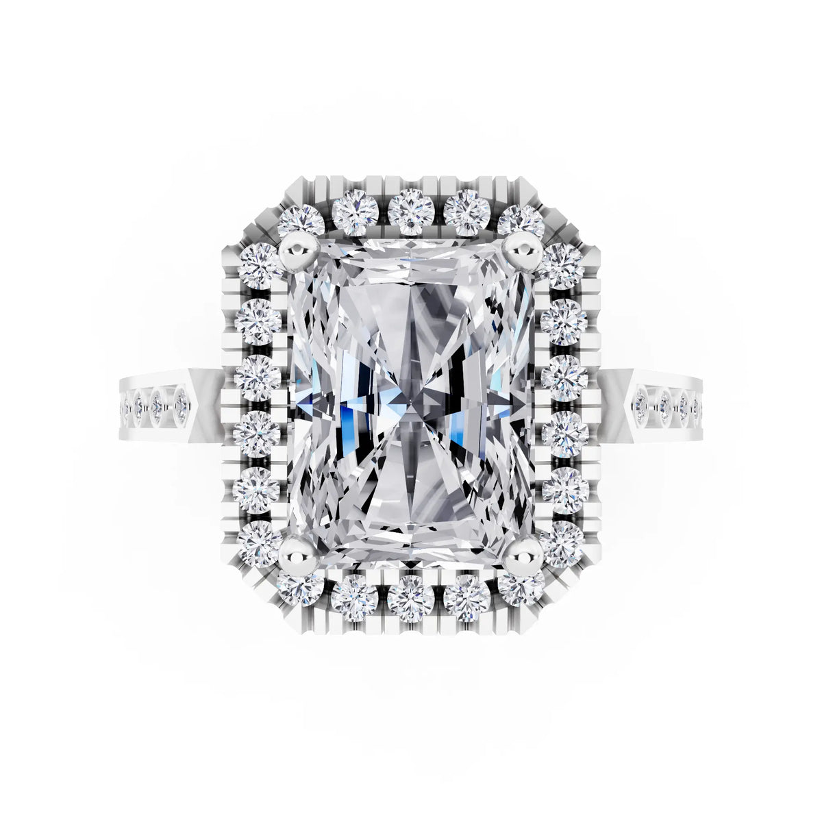 14 KT White Gold Radiant Cut Diamond Halo Ring with Bezel Accent Band - top angle