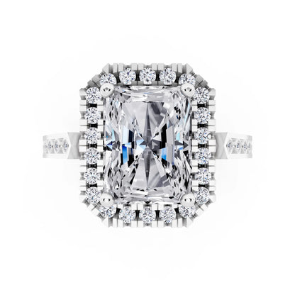 14 KT White Gold Radiant Cut Diamond Halo Ring with Bezel Accent Band - top angle