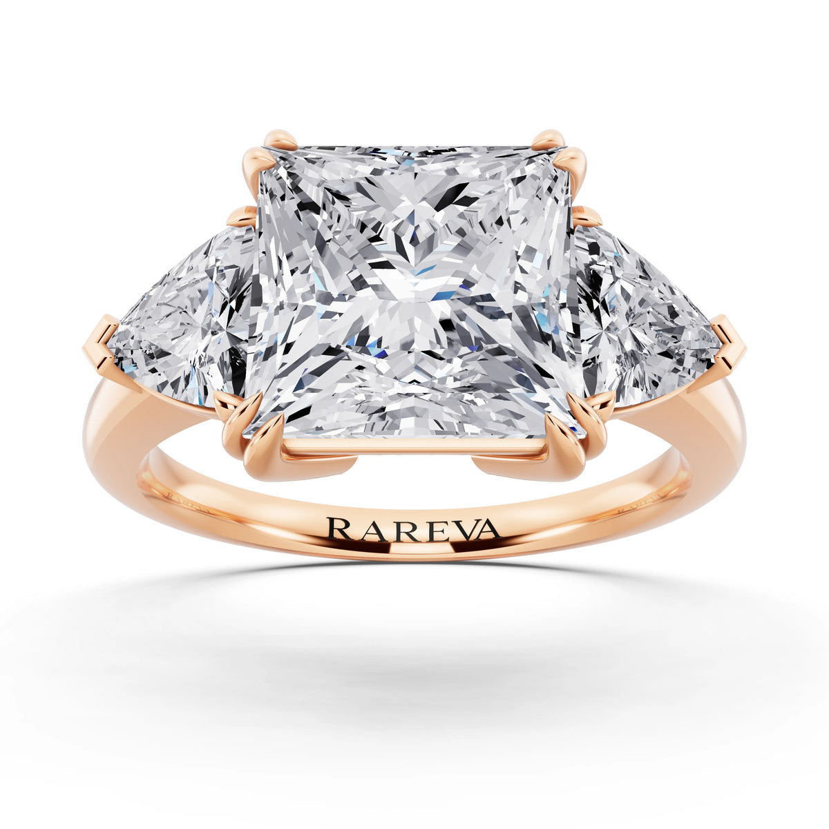 14 KT Rose Gold Princess Cut Diamond Three Stone Ring with Trillion Accents - front view
