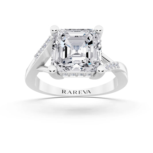 14 KT White Gold Asscher Cut Diamond Split Shank Engagement Ring with Hidden Halo - front view