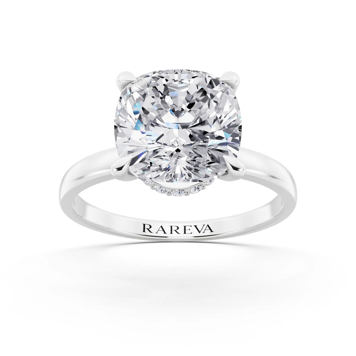 Platinum Cushion Cut Diamond Solitaire Ring with Pave Collar - front view