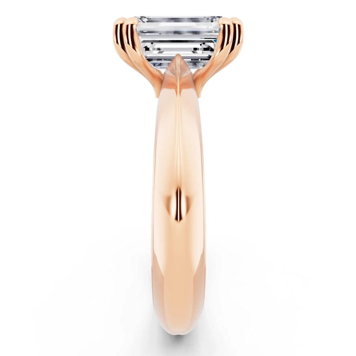 14 KT Rose Gold Emerald Cut Diamond Solitaire Ring with Knife Edge Band - side view