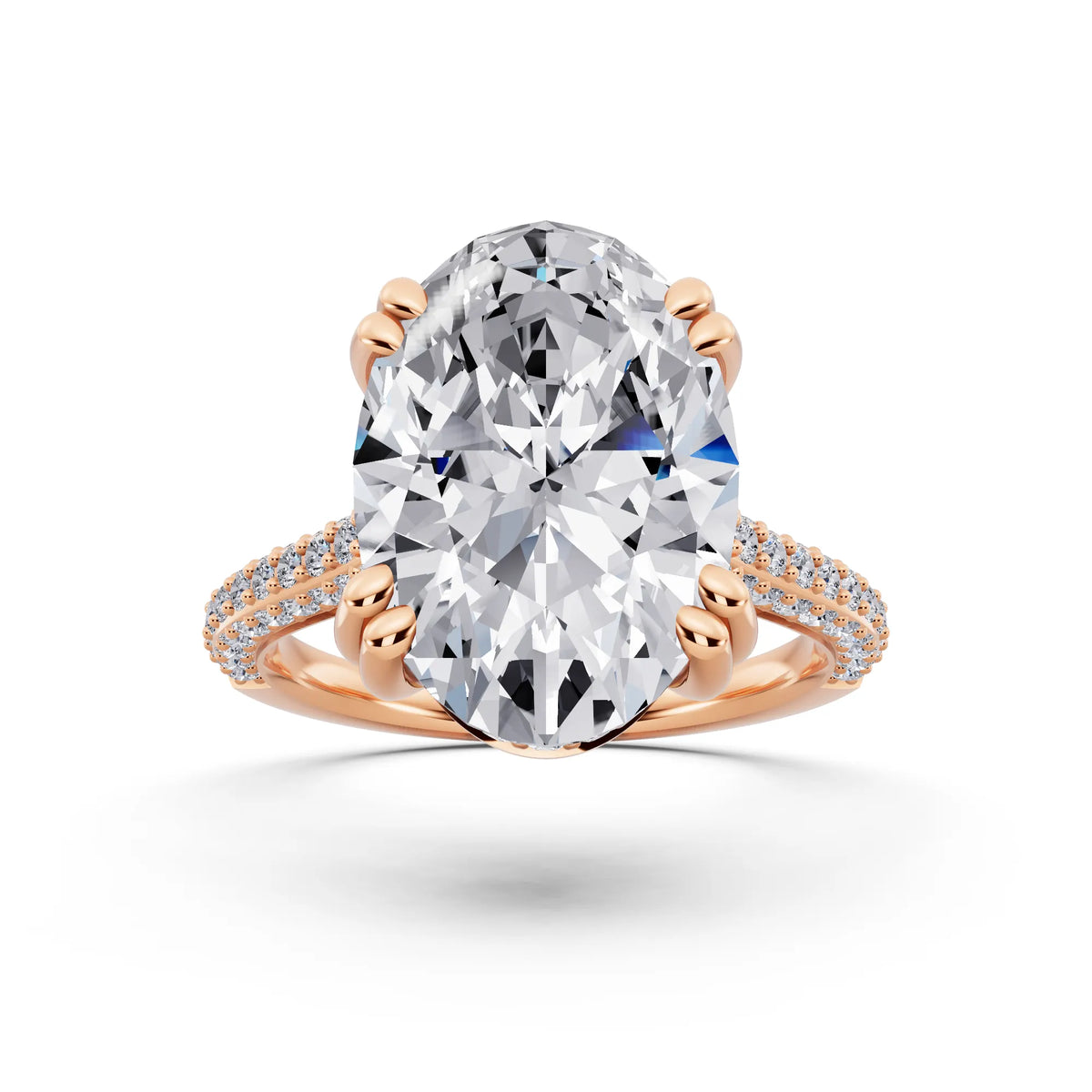 14 KT Rose Gold Oval Cut Diamond Hidden Halo Double Claw Pave Band Ring - front view