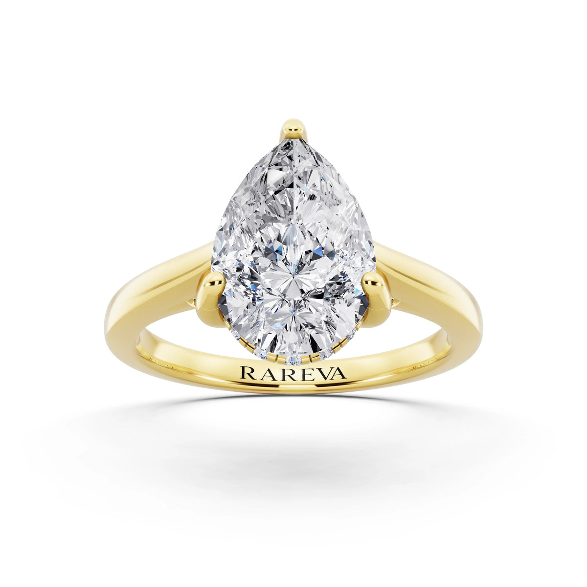 14 KT Yellow Gold Pear Cut Diamond Solitaire Ring with Cathedral Band - front view