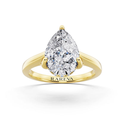 14 KT Yellow Gold Pear Cut Diamond Solitaire Ring with Cathedral Band - front view