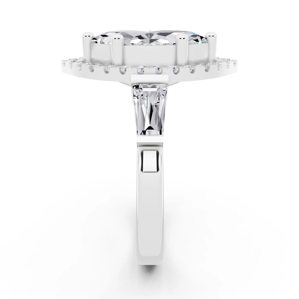 14 KT White Gold Marquise Cut Diamond Halo Ring with Baguette Accents - side view