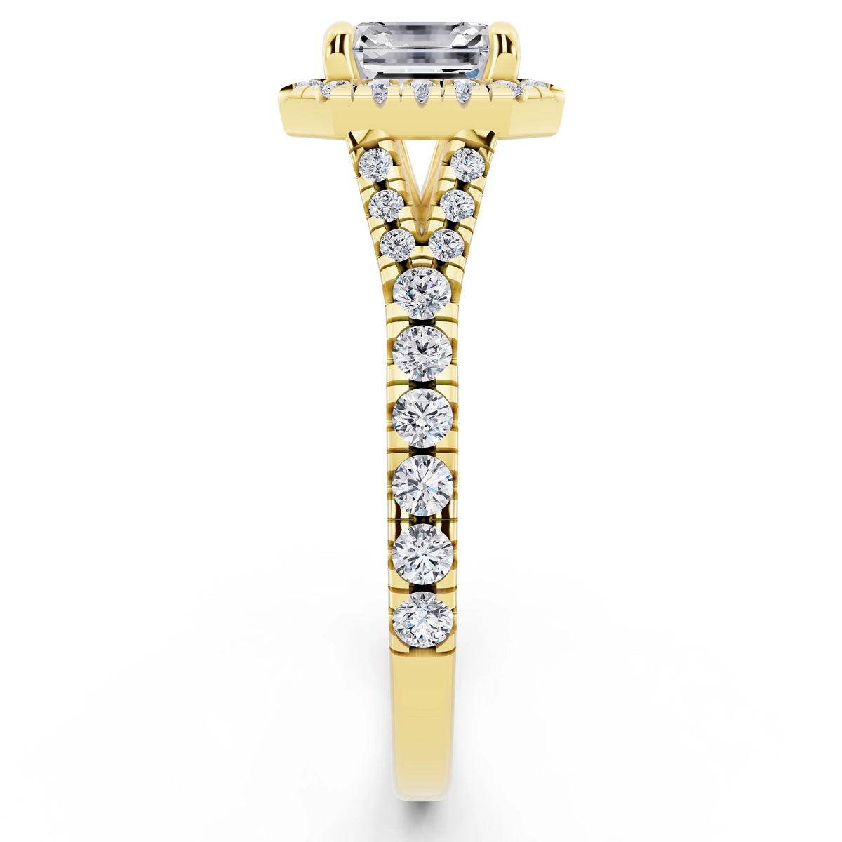 14 KT Yellow Gold Asscher Cut Diamond Halo Ring with Split Shank - side view