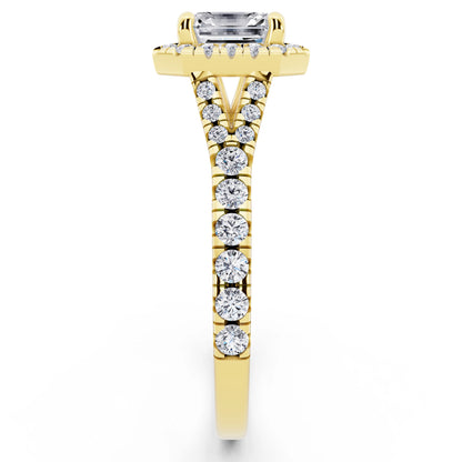 14 KT Yellow Gold Asscher Cut Diamond Halo Ring with Split Shank - side view