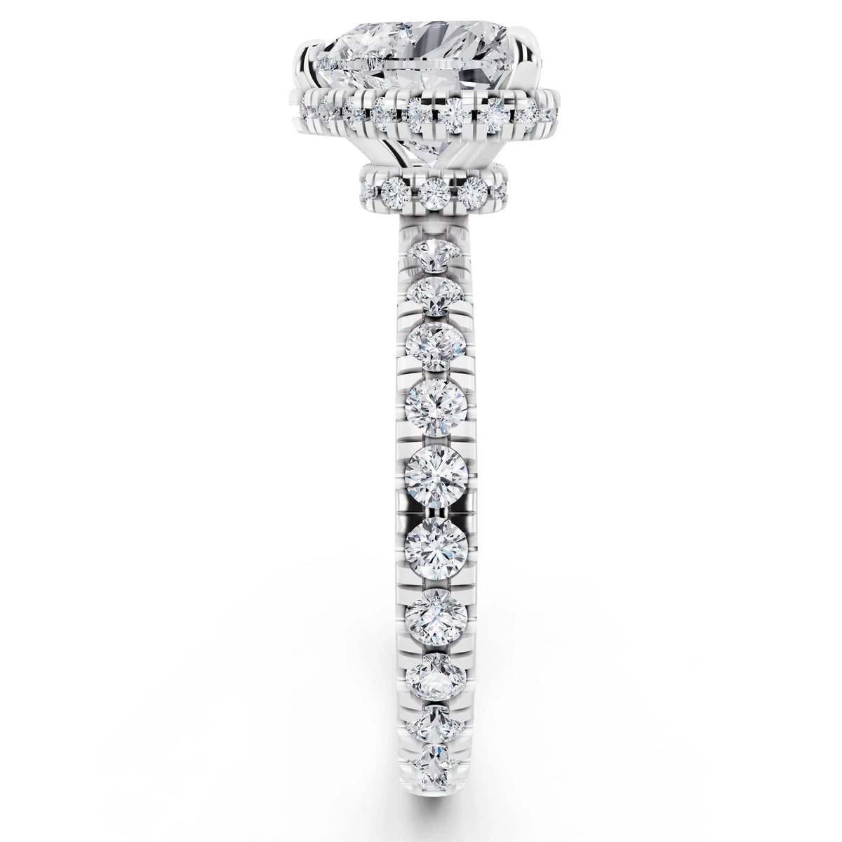 Platinum Heart Cut Diamond Hidden Halo Ring with Pave Band - side view