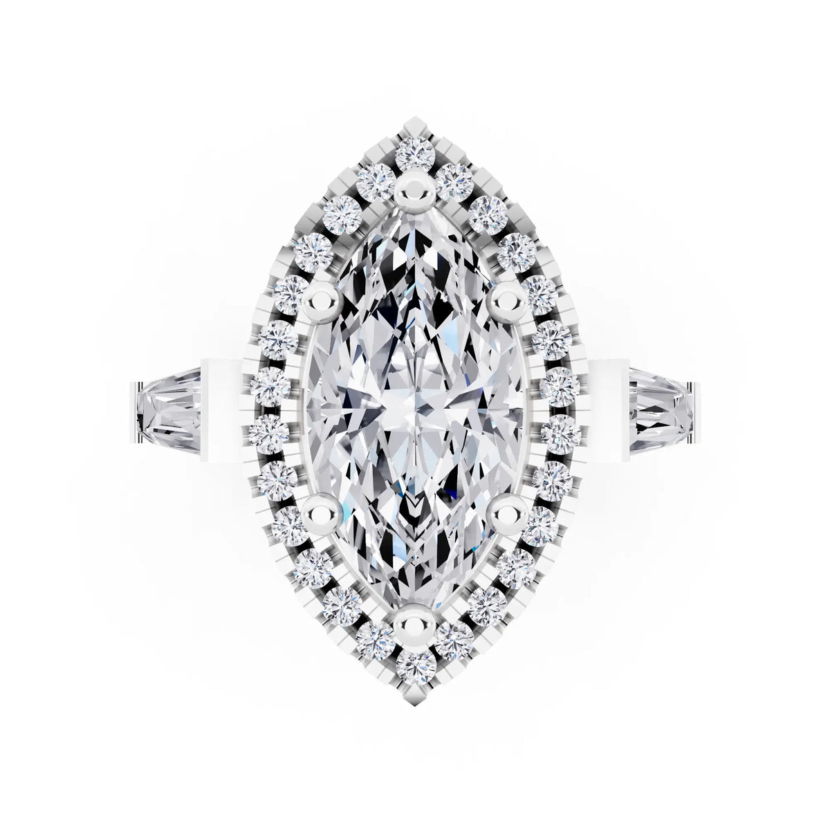 14 KT White Gold Marquise Cut Diamond Halo Ring with Baguette Accents - top angle