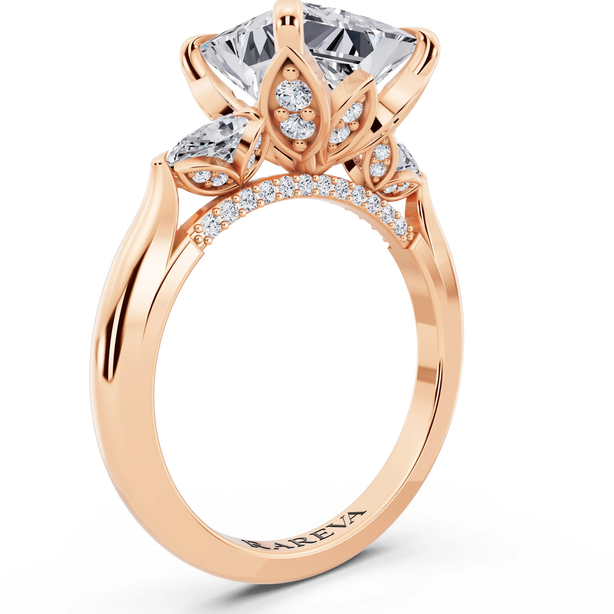 18 KT Rose Gold Princess Cut Diamond Cluster Engagement Ring with Pear Accents and Pavé Band - top view