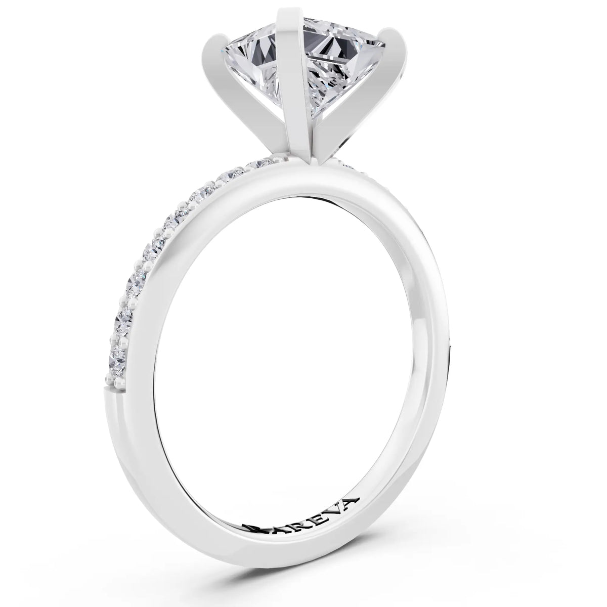 18 KT White Gold Princess Cut Diamond Solitaire Ring with Pave Shank - top view
