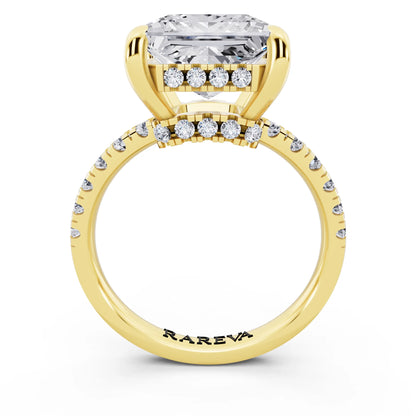 14 KT Yellow Gold Princess Cut Diamond Hidden Halo Tiger Prong Pave Band Ring - through finger
