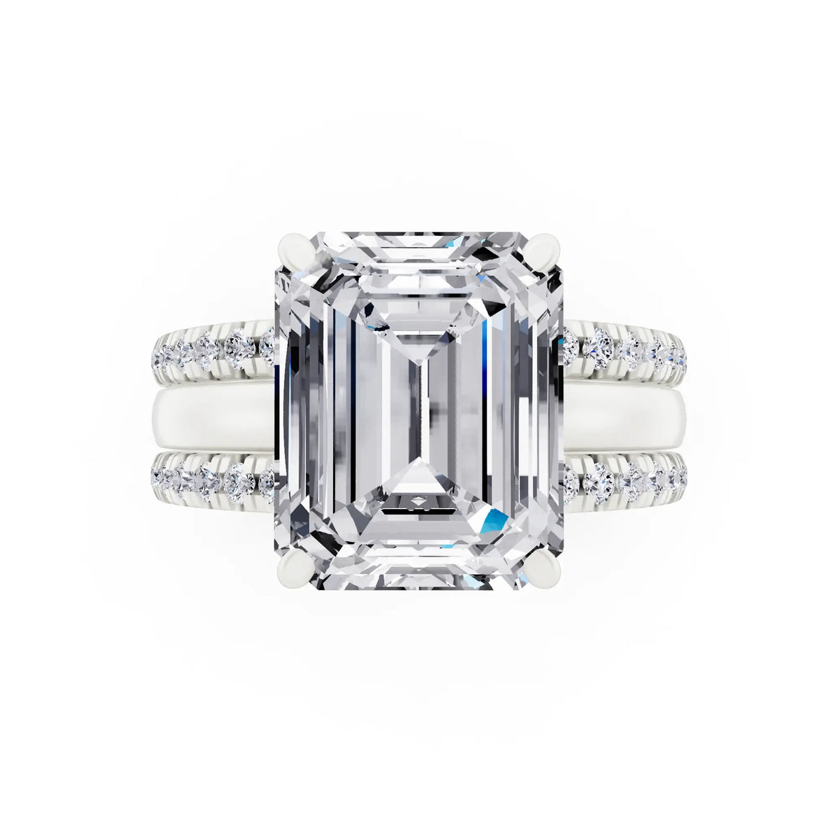Platinum Emerald Cut Diamond Solitaire Twin Pave Band Stack Ring - top angle